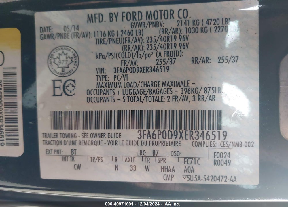 2014 FORD FUSION TITANIUM VIN: 3FA6P0D9XER346519