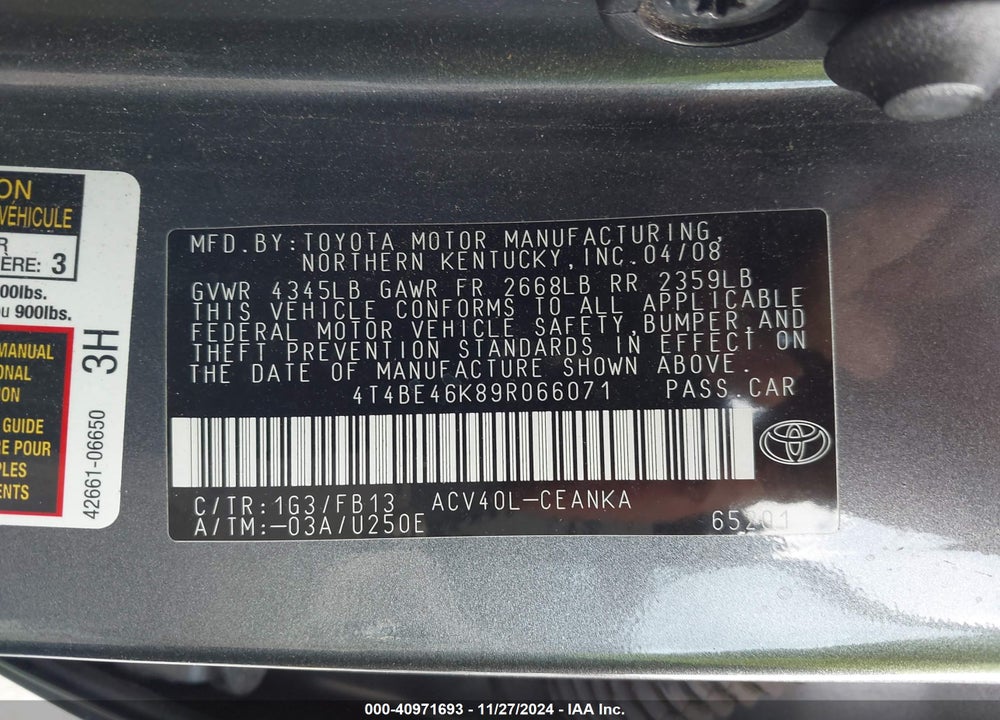 2009 TOYOTA CAMRY LE VIN: 4T4BE46K89R066071