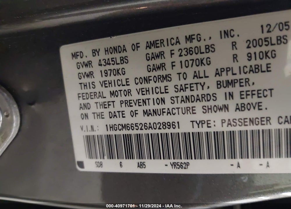 2006 HONDA ACCORD 3.0 EX VIN: 1HGCM66526A028961