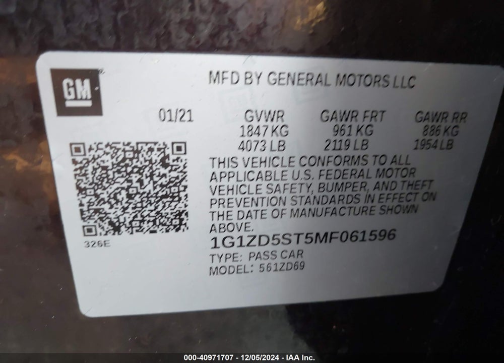2021 CHEVROLET MALIBU FWD LT VIN: 1G1ZD5ST5MF061596