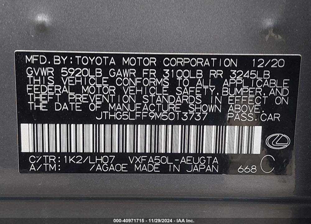 2021 LEXUS LS 500 VIN: JTHG5LFF9M5013737