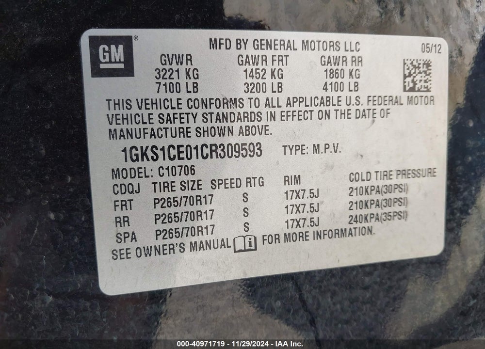 2012 GMC YUKON SLT VIN: 1GKS1CE01CR309593