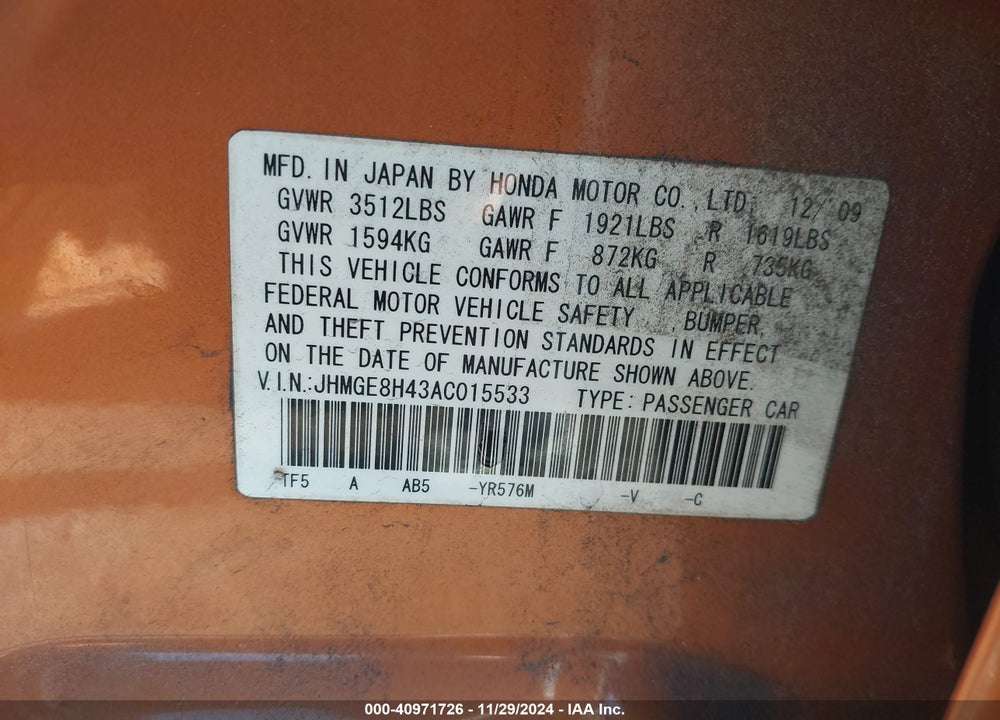 2010 HONDA FIT VIN: JHMGE8H43AC015533