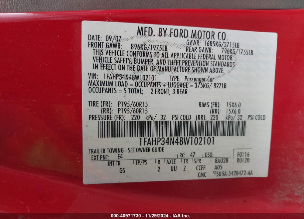 2008 FORD FOCUS S VIN: 1FAHP34N48W102101