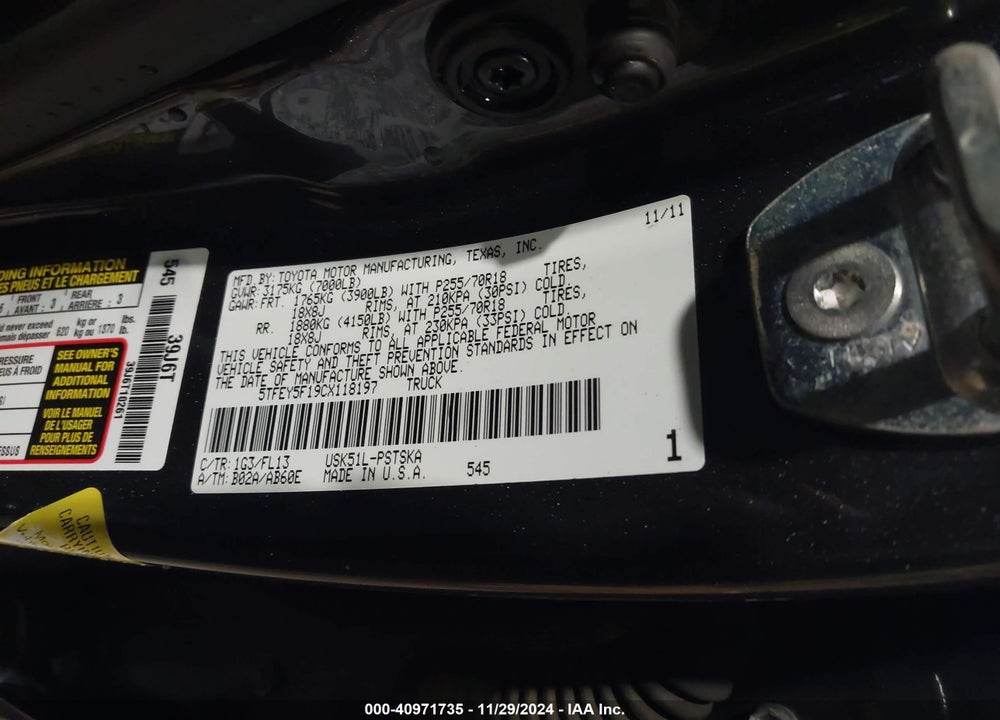 2012 TOYOTA TUNDRA GRADE 5.7L V8 VIN: 5TFEY5F19CX118197