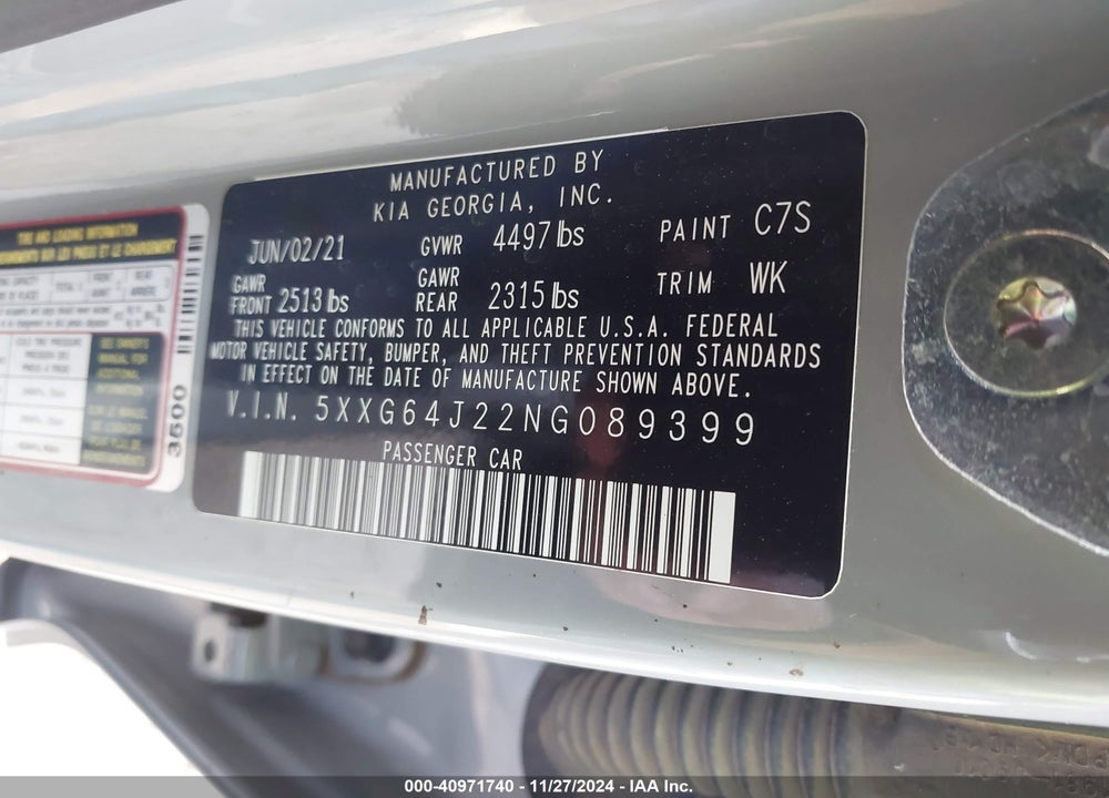 2022 KIA K5 VIN: 5XXG64J22NG089399
