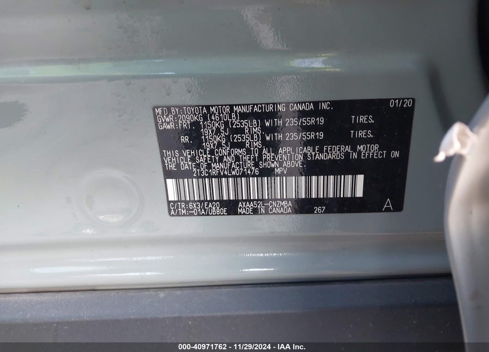 2020 TOYOTA RAV4 XLE PREMIUM VIN: 2T3C1RFV4LW071476