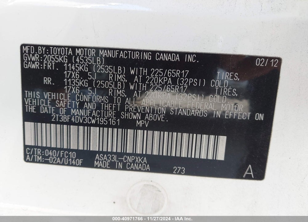 2012 TOYOTA RAV4 VIN: 2T3BF4DV3CW195161