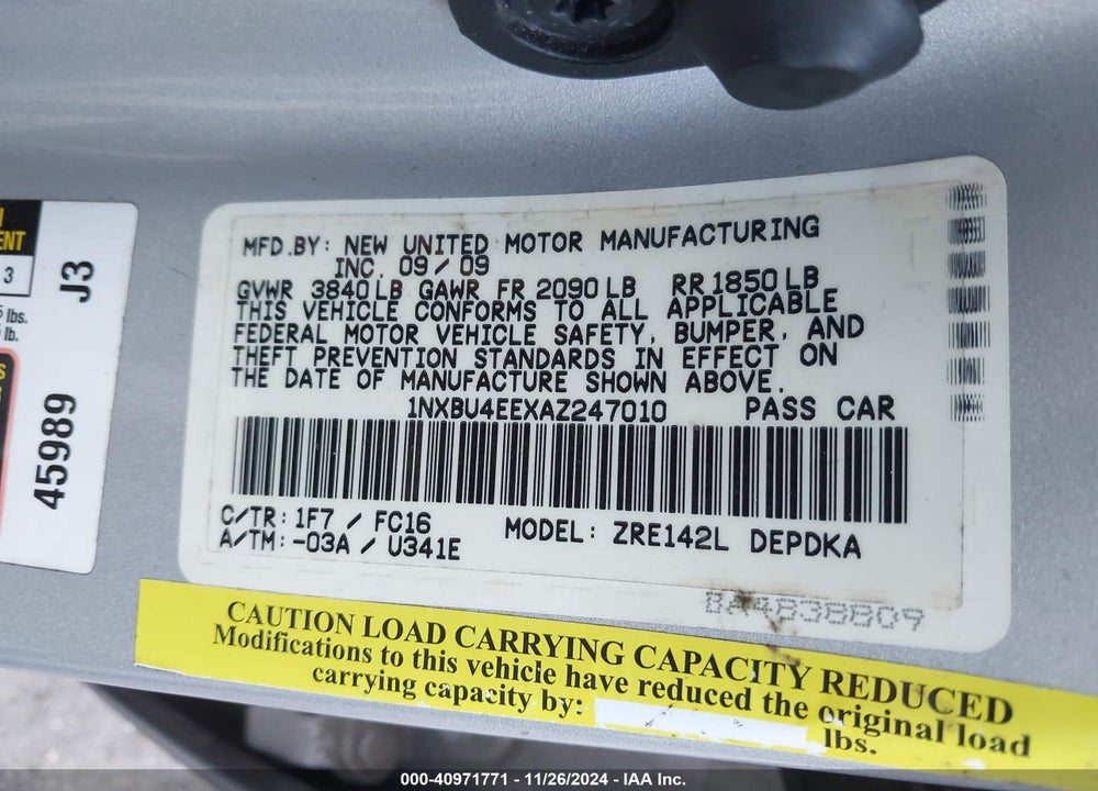 2010 TOYOTA COROLLA LE VIN: 1NXBU4EEXAZ247010