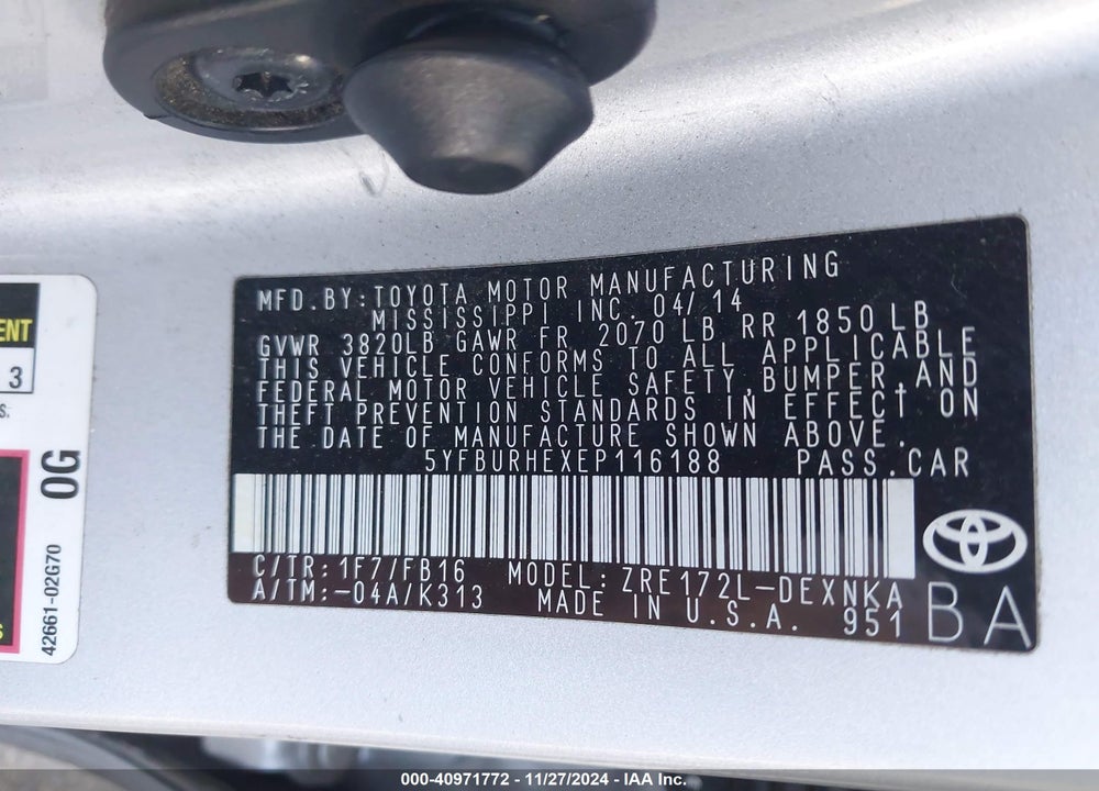 2014 TOYOTA COROLLA LE PLUS VIN: 5YFBURHEXEP116188