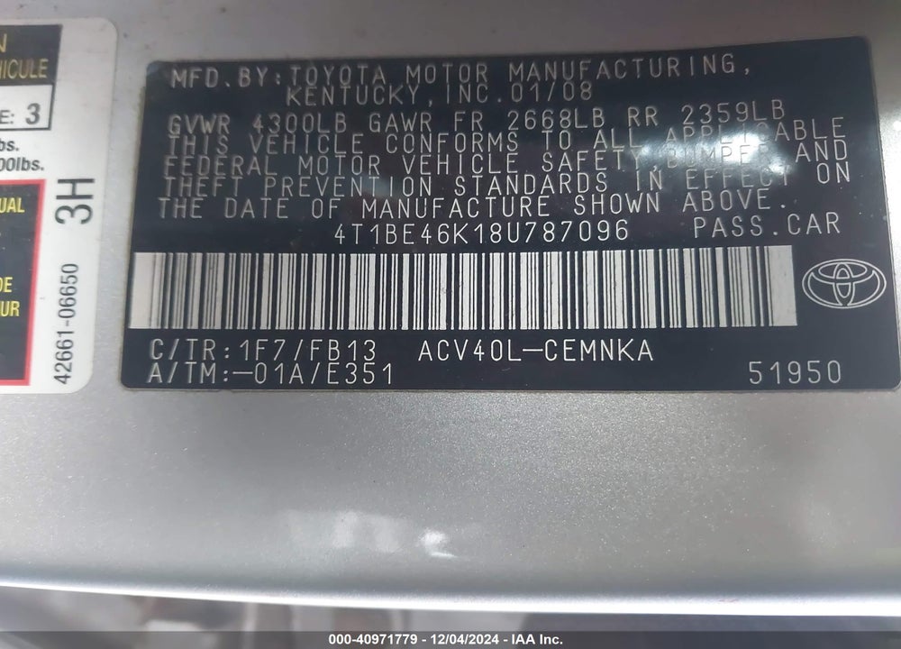 2008 TOYOTA CAMRY VIN: 4T1BE46K18U787096