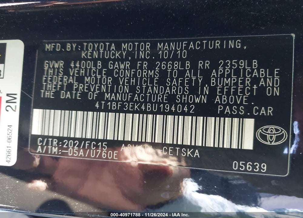 2011 TOYOTA CAMRY SE VIN: 4T1BF3EK4BU194042