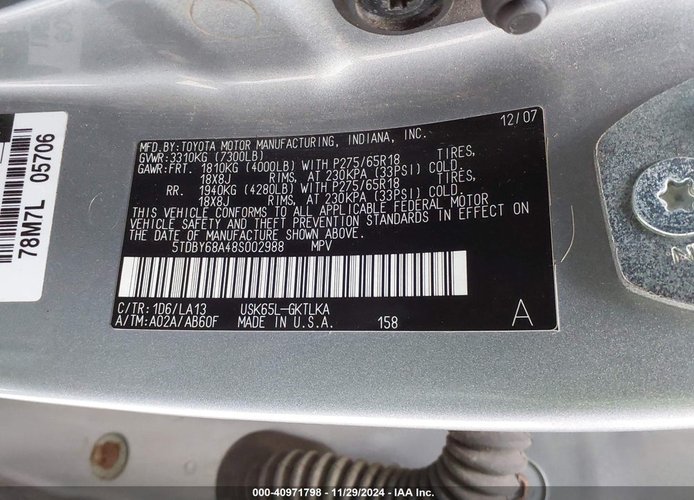 2008 TOYOTA SEQUOIA LIMITED 5.7L V8 VIN: 5TDBY68A48S002988