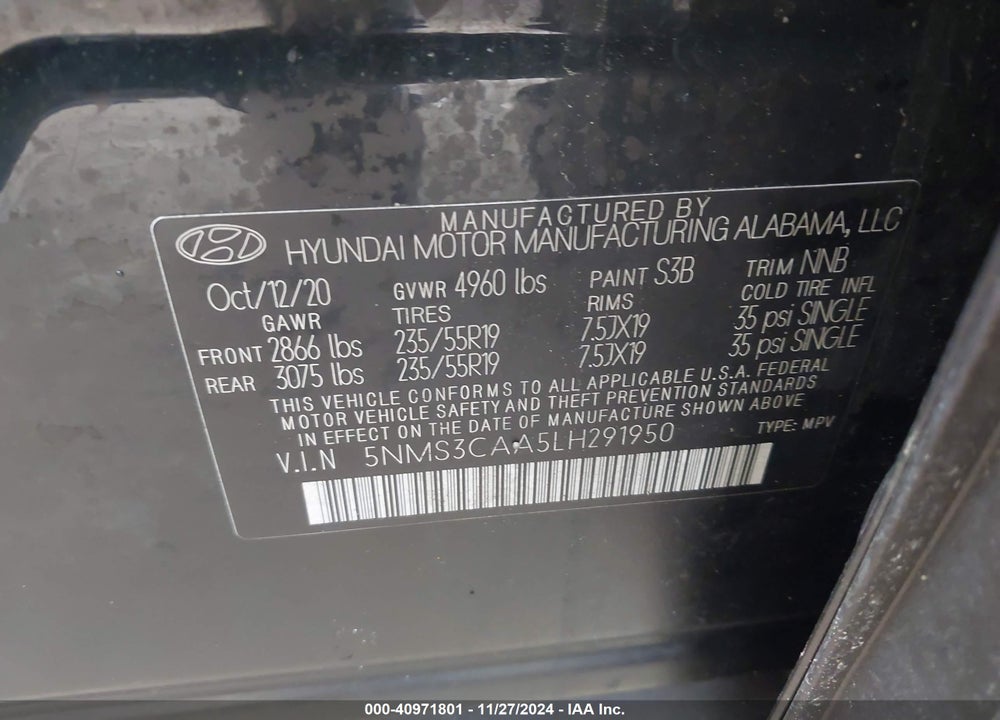 2020 HYUNDAI SANTA FE SEL 2.0T VIN: 5NMS3CAA5LH291950