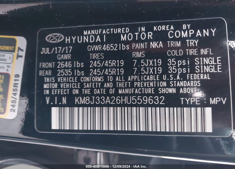 2017 HYUNDAI TUCSON VALUE VIN: KM8J33A26HU559632