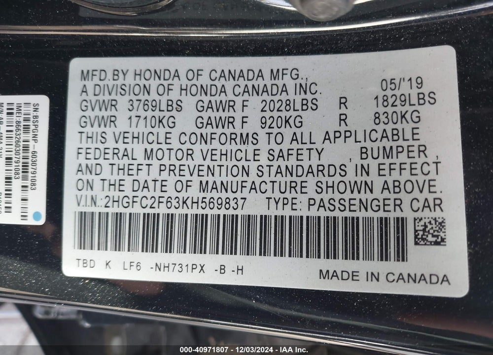 2019 HONDA CIVIC LX VIN: 2HGFC2F63KH569837