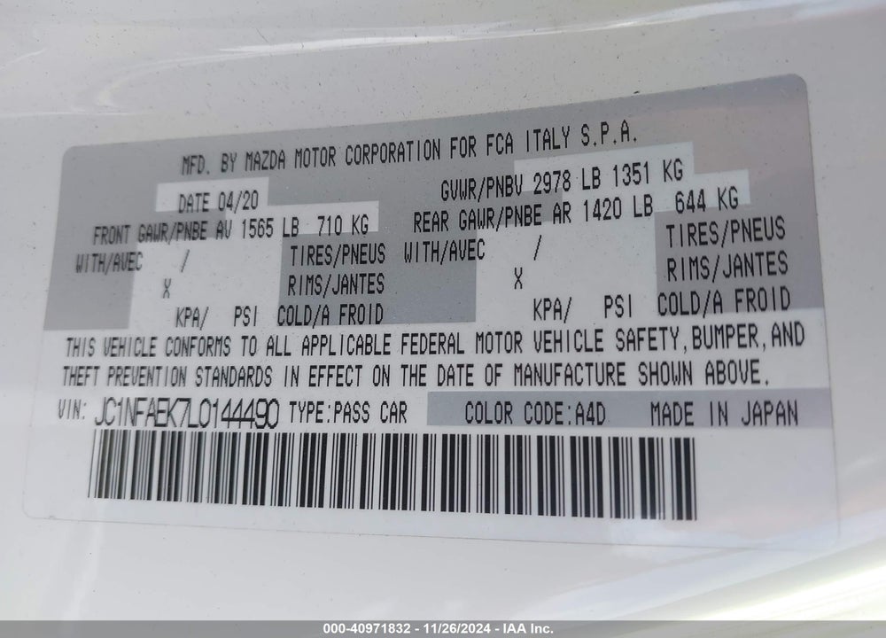 2020 FIAT 124 SPIDER VIN: JC1NFAEK7L0144490