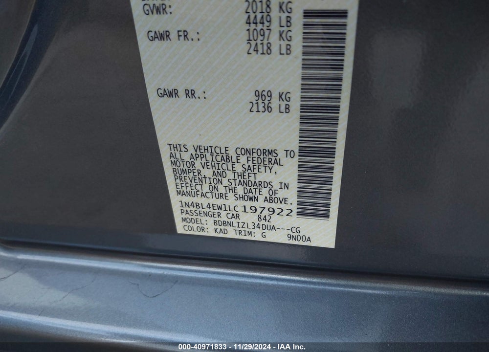 2020 NISSAN ALTIMA VIN: 1N4BL4EW1LC197922