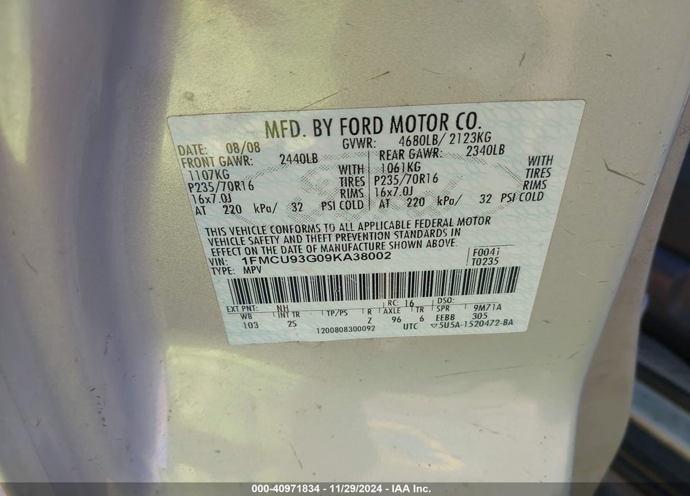 2009 FORD ESCAPE XLT VIN: 1FMCU93G09KA38002