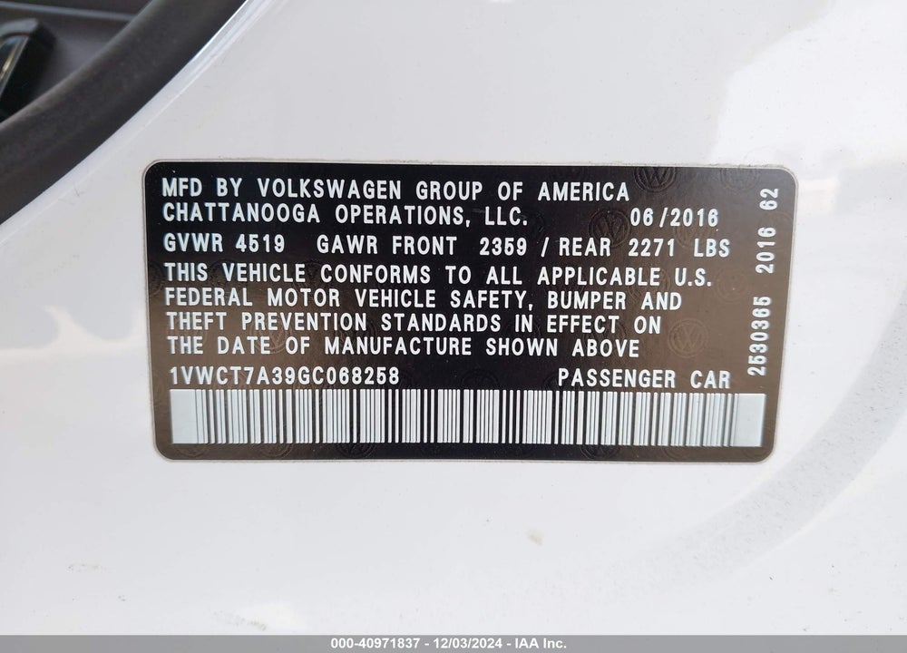 2016 VOLKSWAGEN PASSAT VIN: 1VWCT7A39GC068258