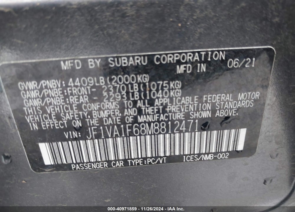 2021 SUBARU WRX PREMIUM VIN: JF1VA1F68M8812471