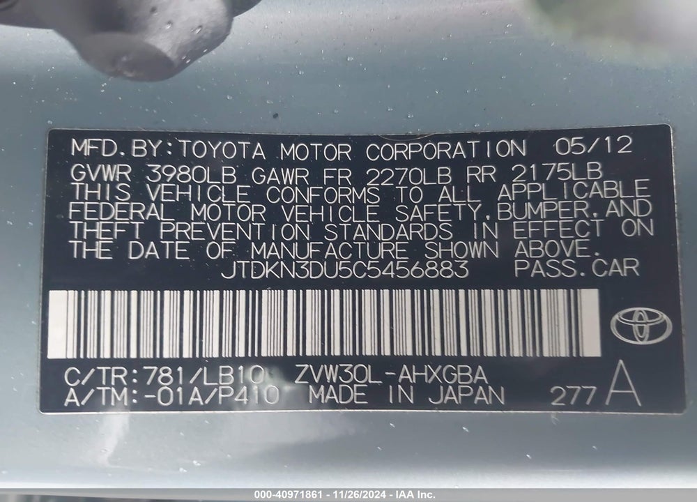 2012 TOYOTA PRIUS VIN: JTDKN3DU5C5456883