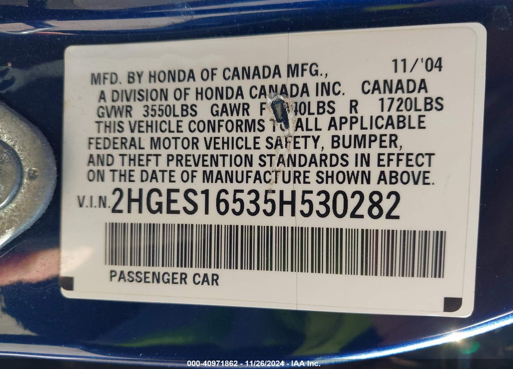 2005 HONDA CIVIC LX VIN: 2HGES16535H530282