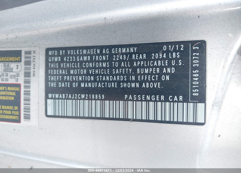 2012 VOLKSWAGEN GOLF VIN: WVWAB7AJ2CW218859