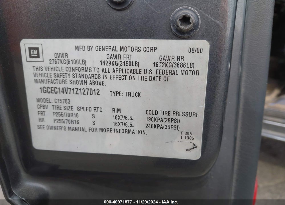 2001 CHEVROLET SILVERADO 1500 LS VIN: 1GCEC14V71Z127012