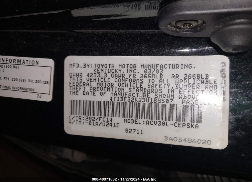 2003 TOYOTA CAMRY SE VIN: 4T1BE32K23U188507