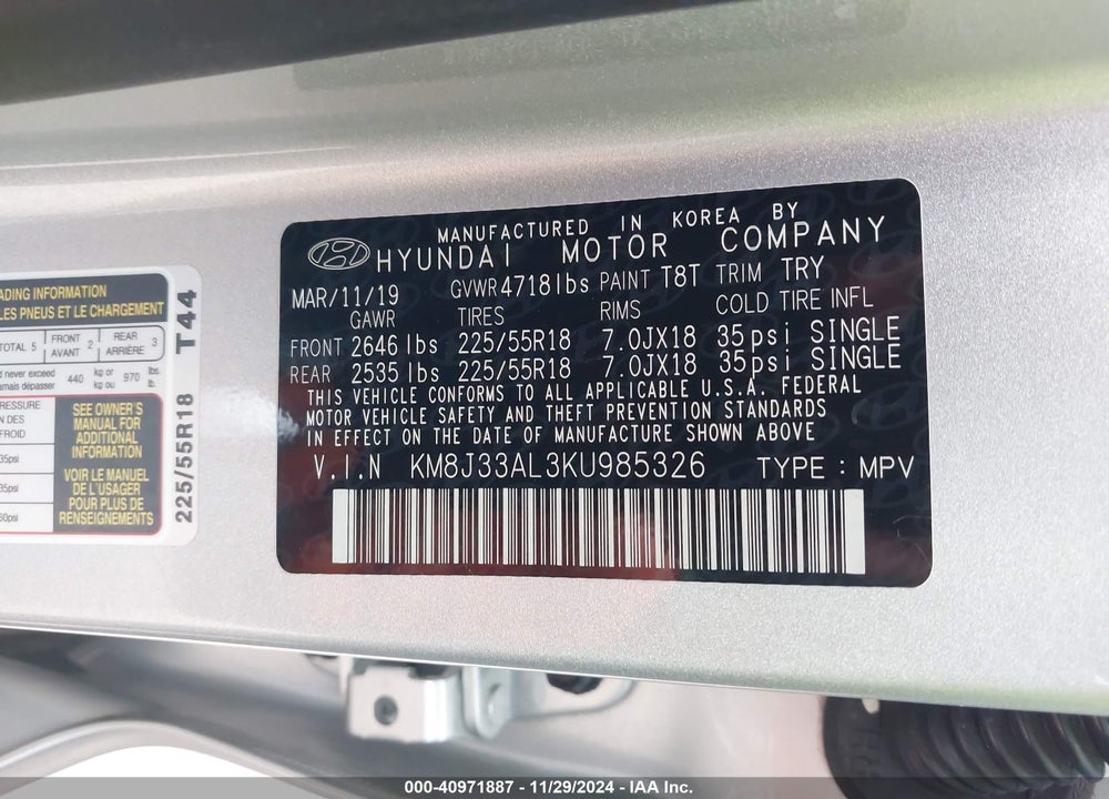 2019 HYUNDAI TUCSON LIMITED VIN: KM8J33AL3KU985326