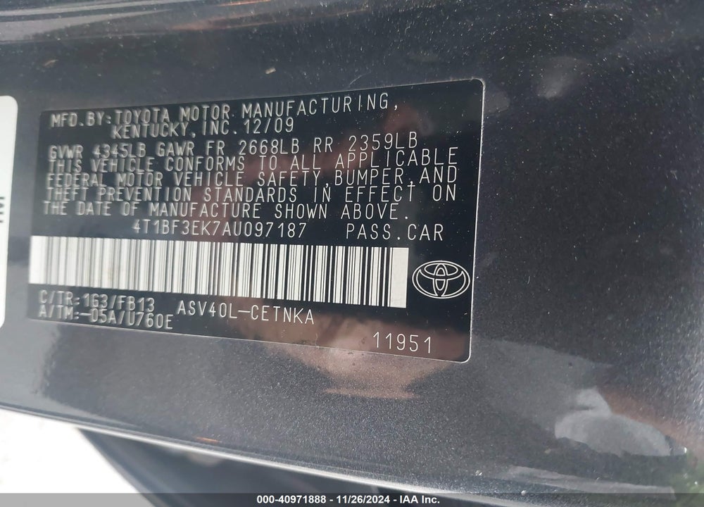2010 TOYOTA CAMRY LE VIN: 4T1BF3EK7AU097187
