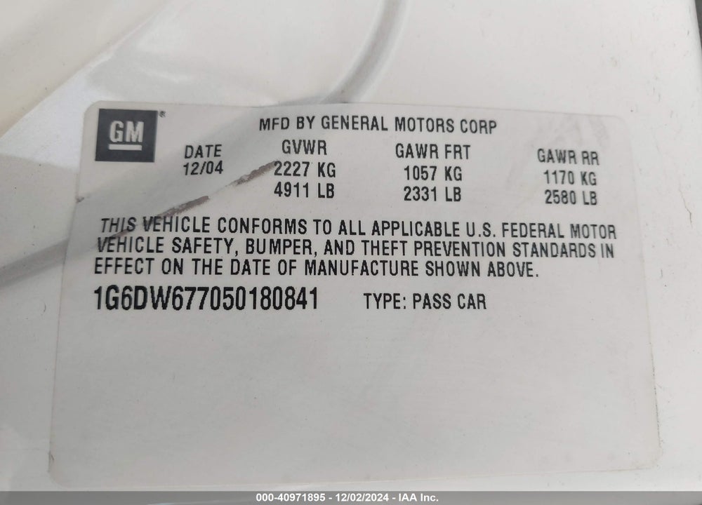 2005 CADILLAC STS V6 VIN: 1G6DW677050180841