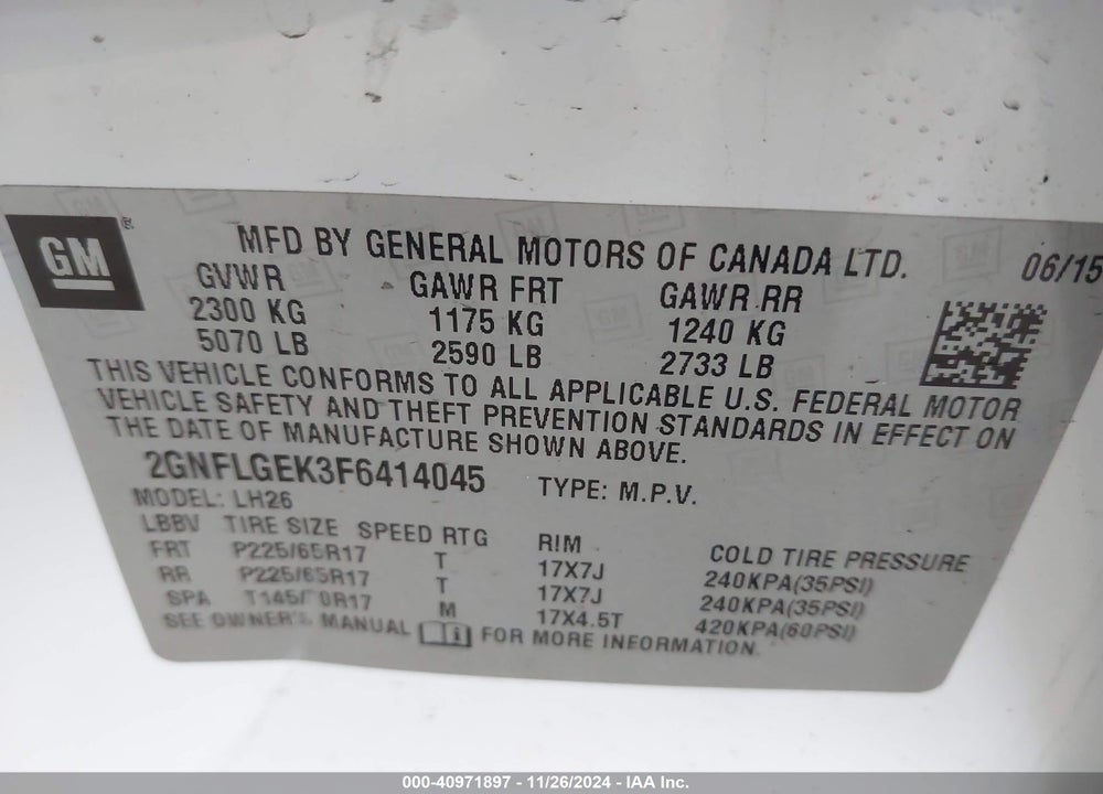 2015 CHEVROLET EQUINOX 2LT VIN: 2GNFLGEK3F6414045