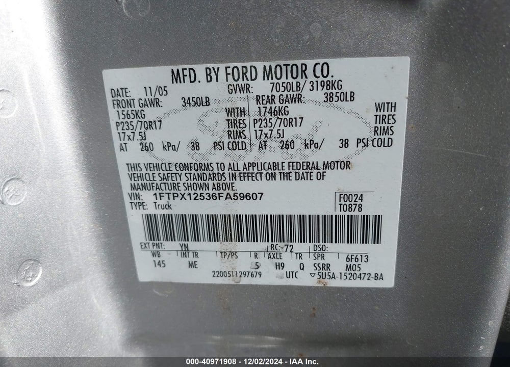 2006 FORD F-150 LARIAT/XL/XLT VIN: 1FTPX12536FA59607
