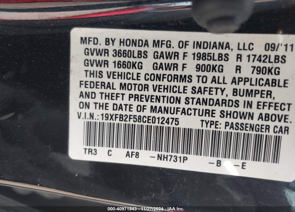 2012 HONDA CIVIC VIN: 19XFB2F58CE012475