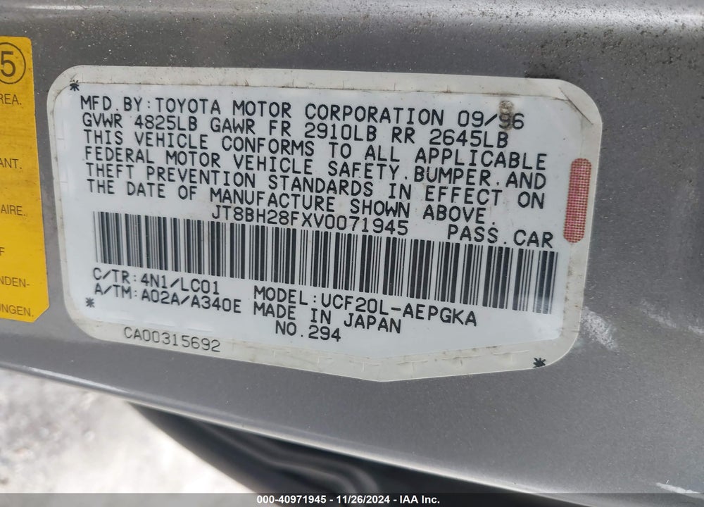 1997 LEXUS LS 400 VIN: JT8BH28FXV0071945