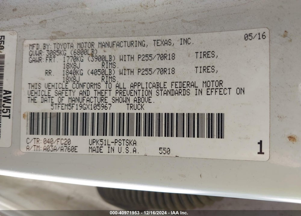 2016 TOYOTA TUNDRA VIN: 5TFEM5F19GX105967