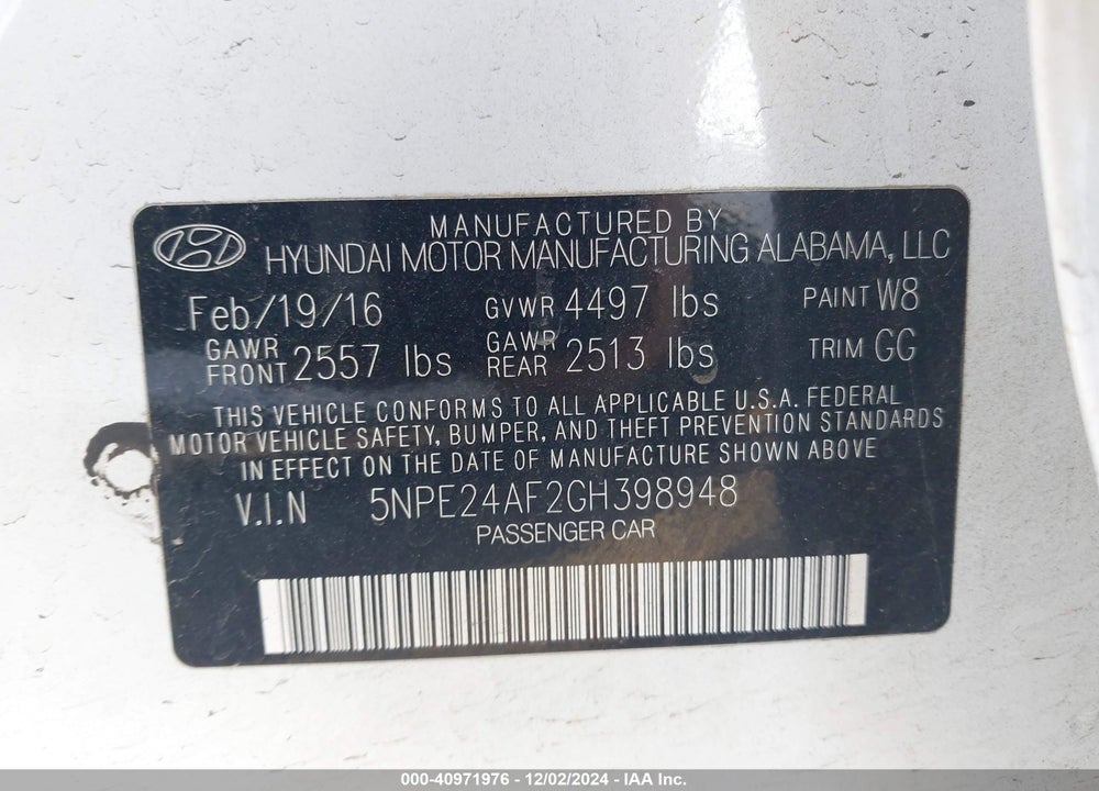 2016 HYUNDAI SONATA VIN: 5NPE24AF2GH398948