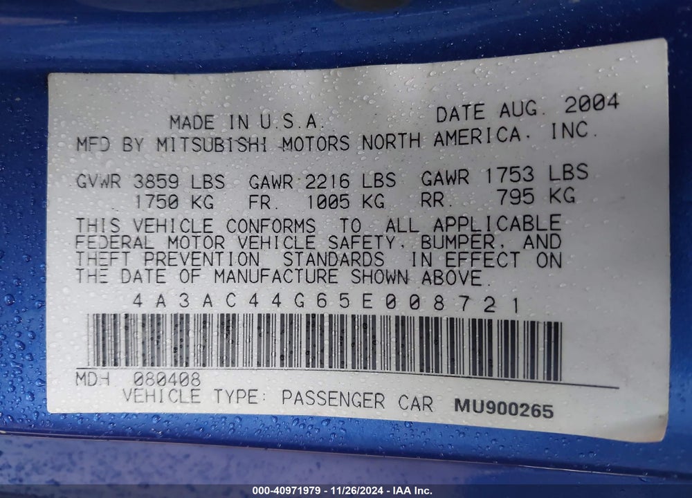 2005 MITSUBISHI ECLIPSE GS VIN: 4A3AC44G65E008721