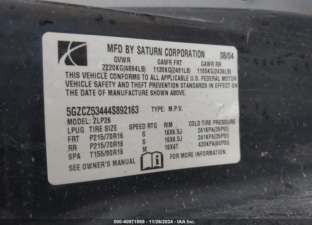 2004 SATURN VUE V6 VIN: 5GZCZ53444S892163