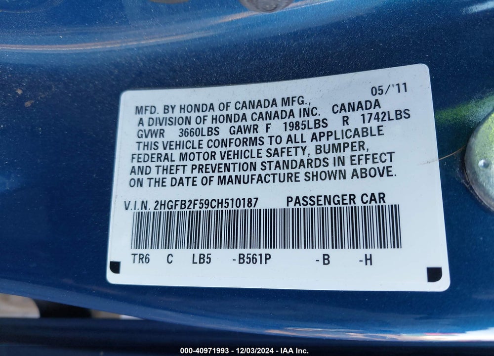 2012 HONDA CIVIC LX VIN: 2HGFB2F59CH510187