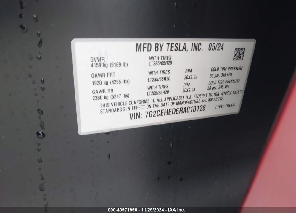 2024 TESLA CYBERTRUCK ALL-WHEEL DRIVE VIN: 7G2CEHED6RA010128