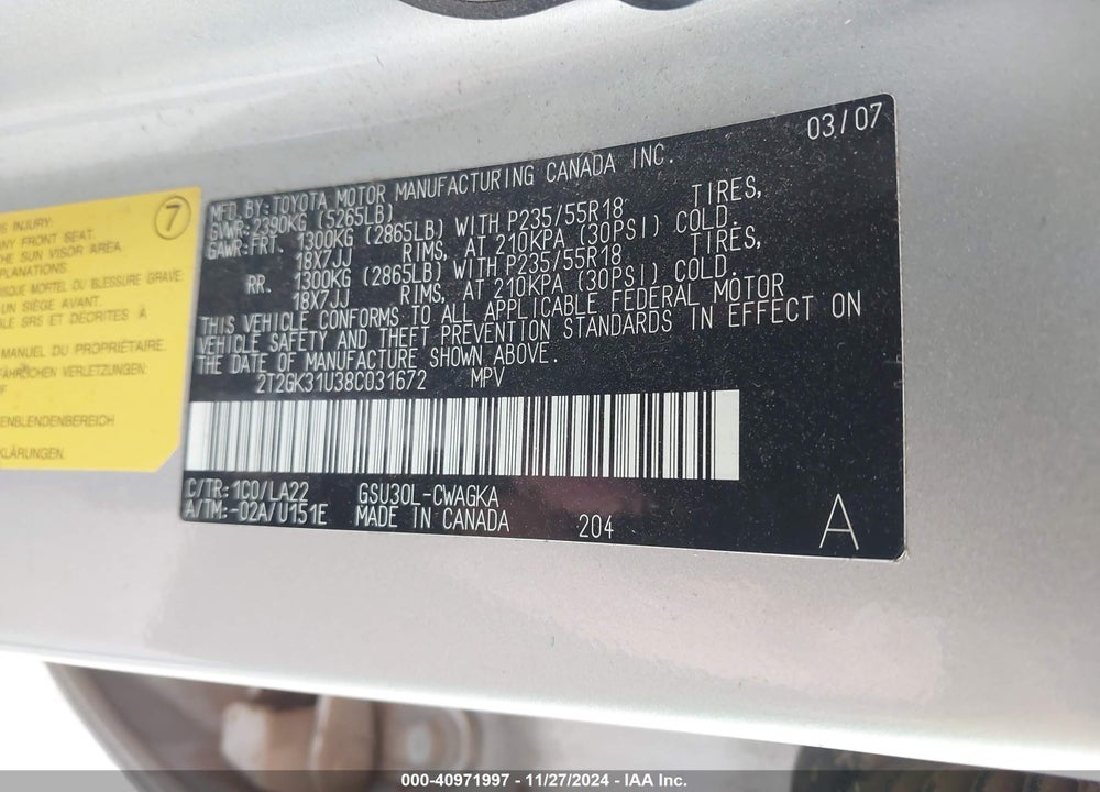 2008 LEXUS RX 350 VIN: 2T2GK31U38C031672