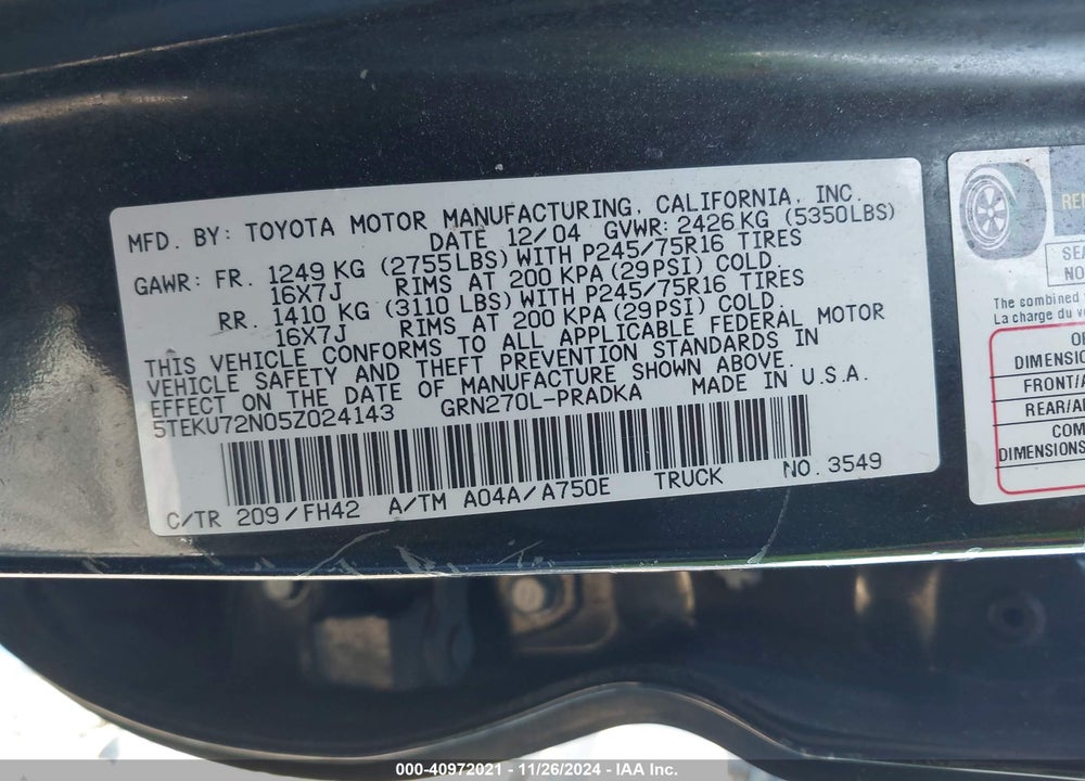 2005 TOYOTA TACOMA PRERUNNER V6 VIN: 5TEKU72N05Z024143