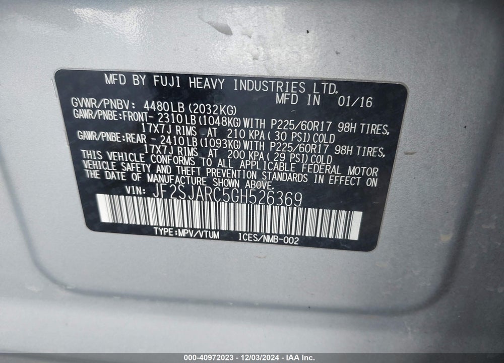2016 SUBARU FORESTER 2.5I LIMITED VIN: JF2SJARC5GH526369