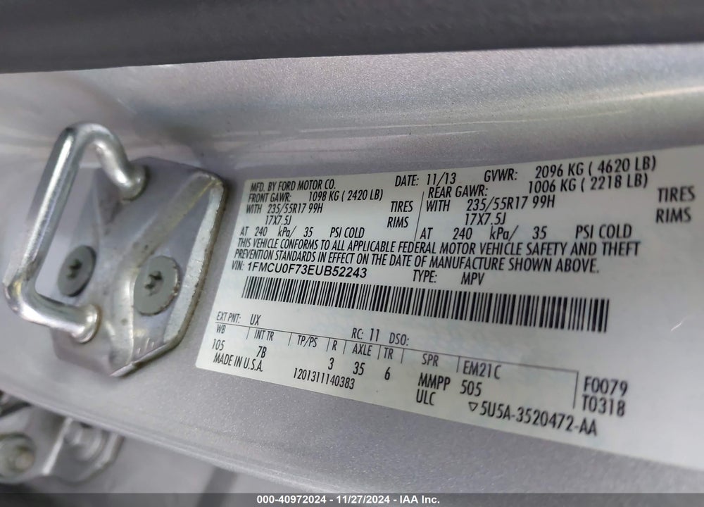 2014 FORD ESCAPE S VIN: 1FMCU0F73EUB52243