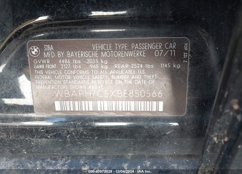 2011 BMW 328I VIN: WBAPH7C5XBE850566