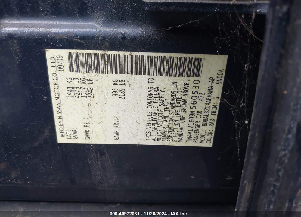 2009 NISSAN ALTIMA 2.5 S VIN: 1N4AL21E09N560530