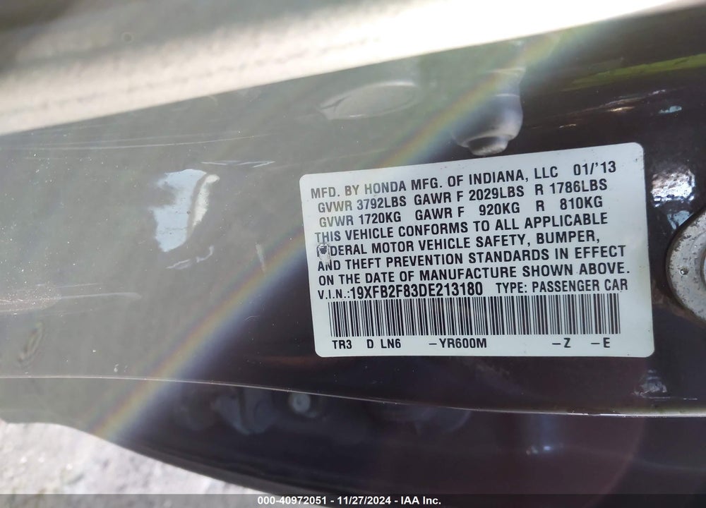 2013 HONDA CIVIC EX VIN: 19XFB2F83DE213180